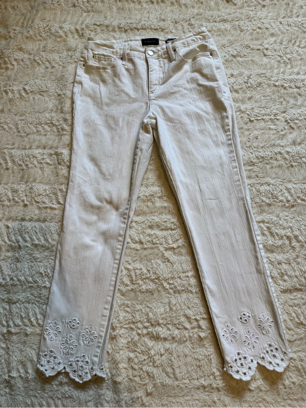 Charter Club White Denim Ankle Pants Floral Eyelet Lace Hem Cropped Jeans 6
